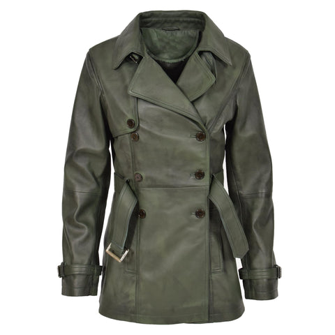 Womens Leather Double Breasted Trench Coat Sienna Green