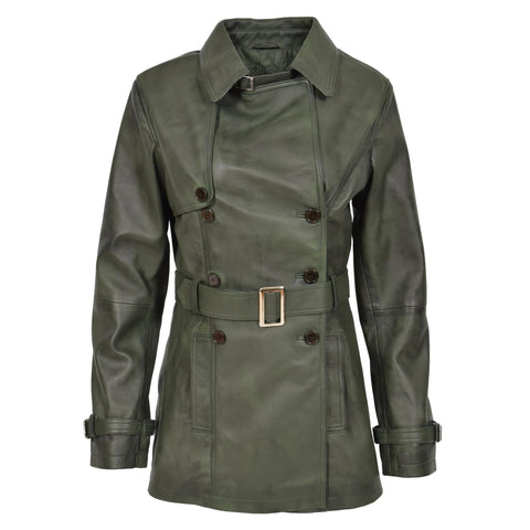 Womens Leather Double Breasted Trench Coat Sienna Green