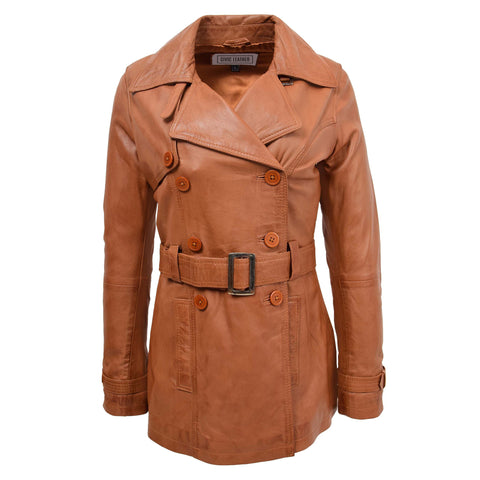 Womens Leather Double Breasted Trench Coat Sienna Tan