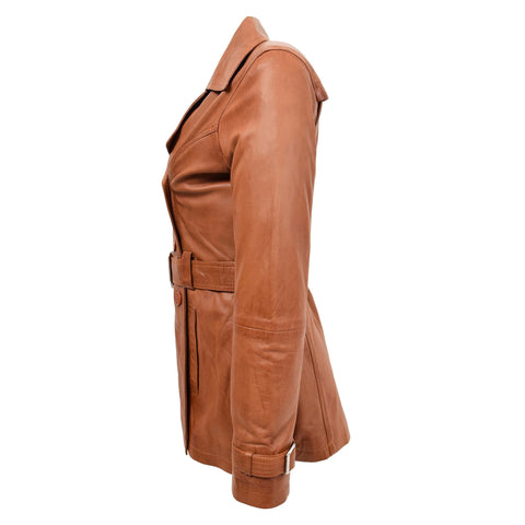 Womens Leather Double Breasted Trench Coat Sienna Tan