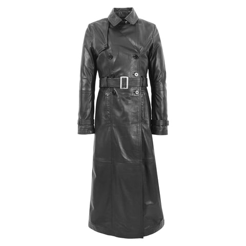 Womens Leather Full Length Trench Coat Sharon Black