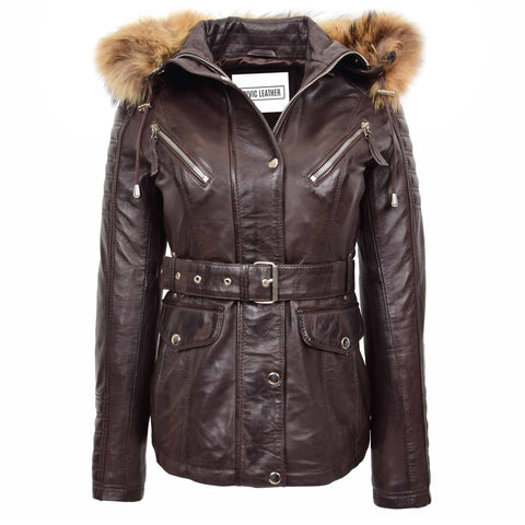 Womens Original Duffle Style Leather Coat Brown