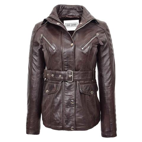 Womens Original Duffle Style Leather Coat Brown