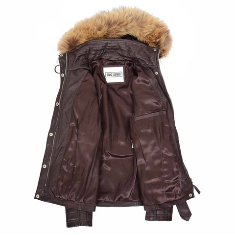 Womens Original Duffle Style Leather Coat Brown