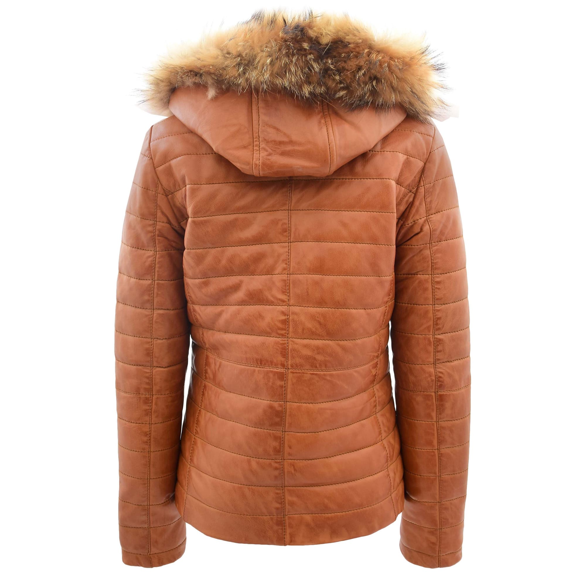 Womens Leather Puffer Coat Detachable Hooded Lucy Tan