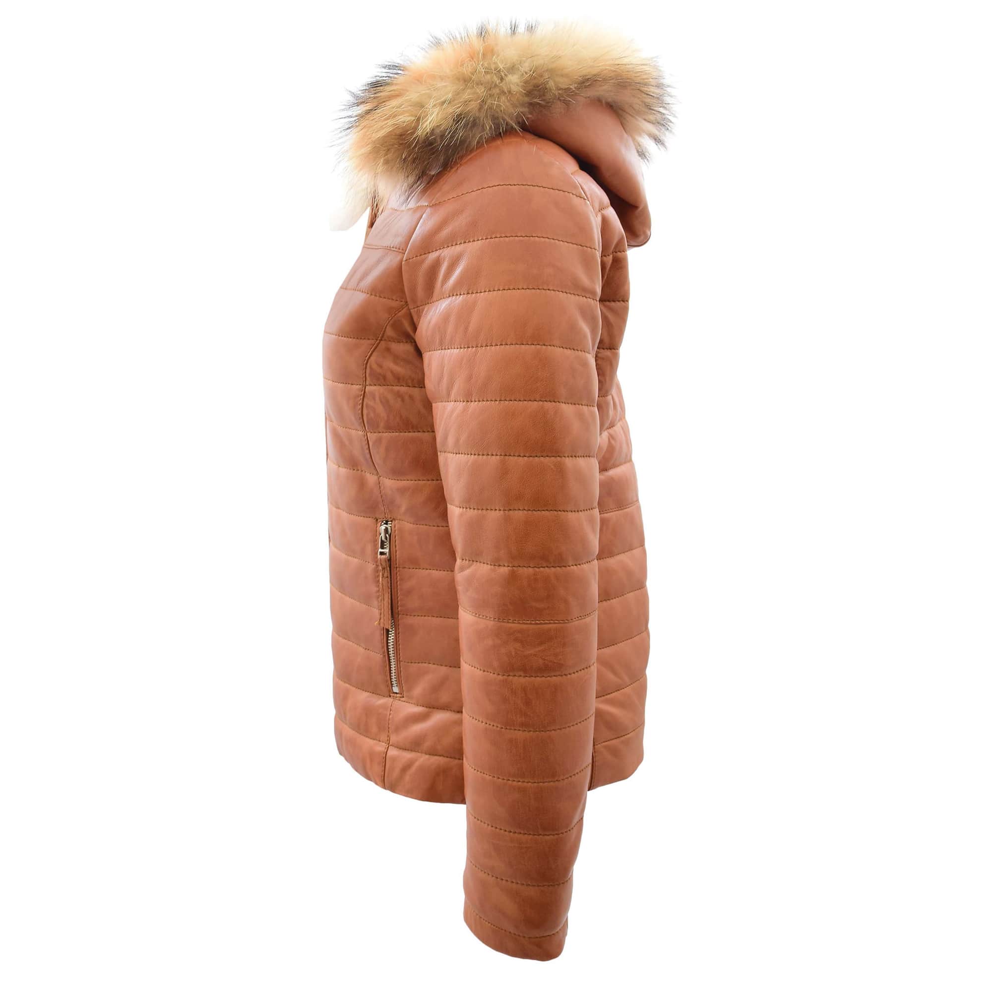 Womens Leather Puffer Coat Detachable Hooded Lucy Tan