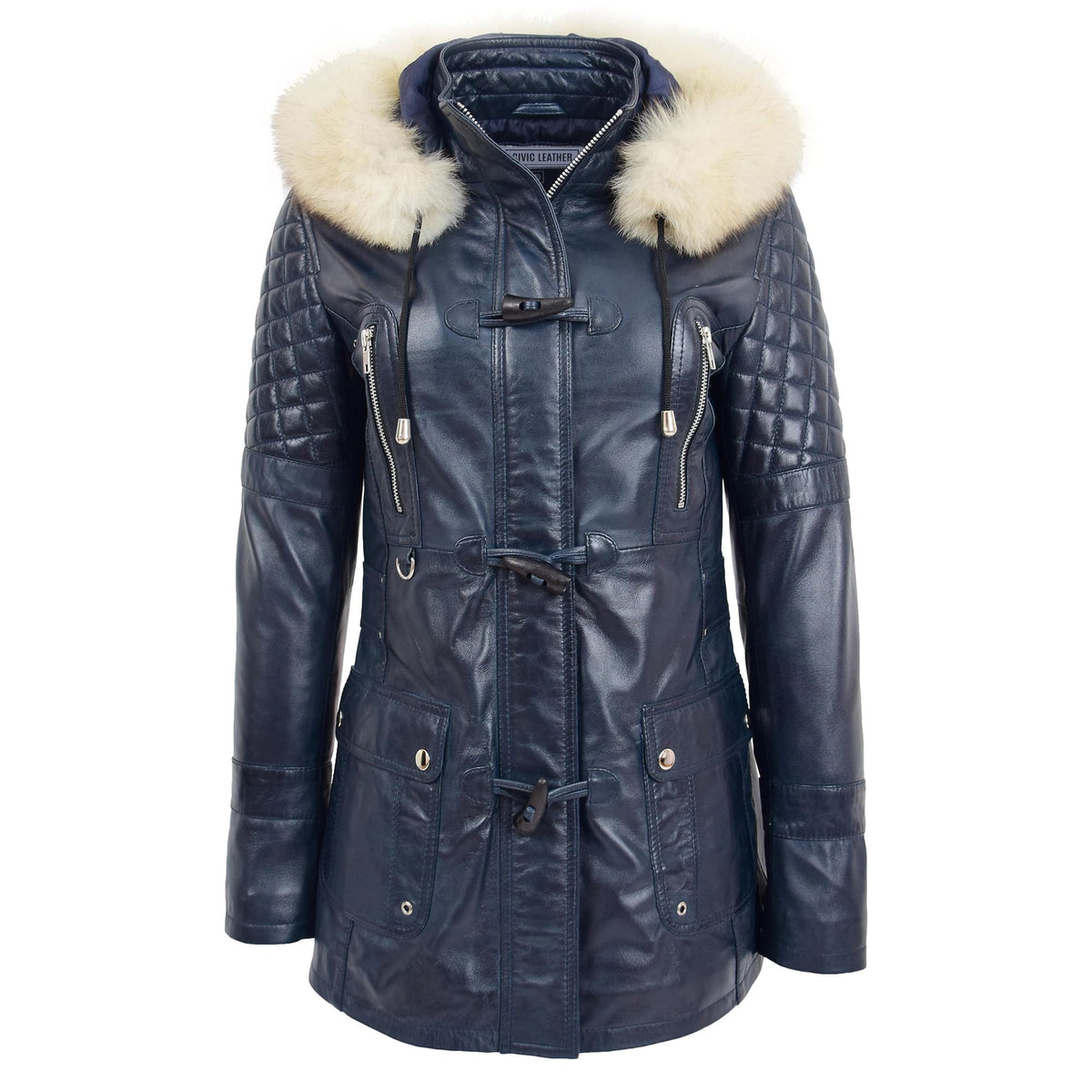 Womens Original Duffle Style Leather Coat Ariel Blue