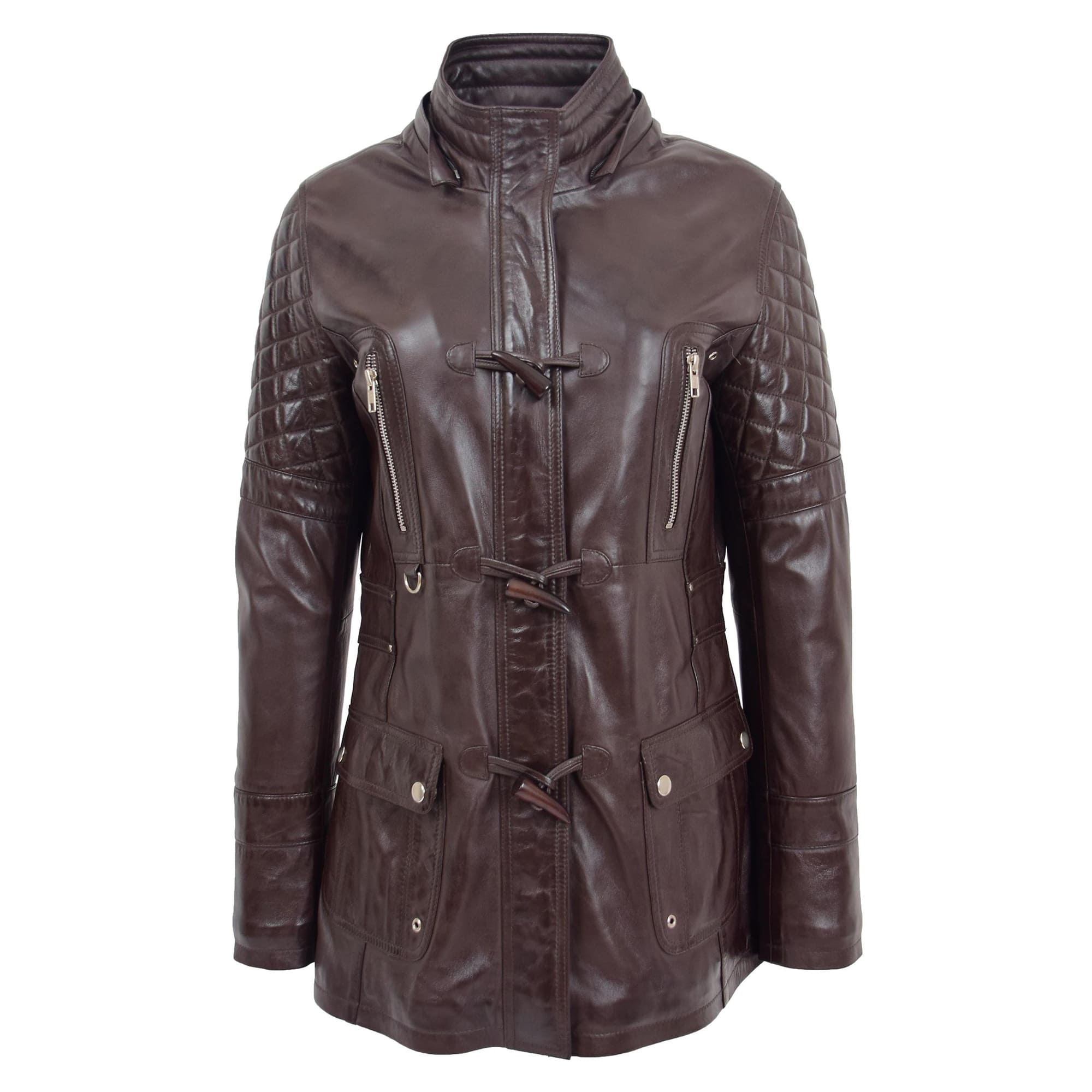 Womens Original Duffle Style Leather Coat Ariel Brown