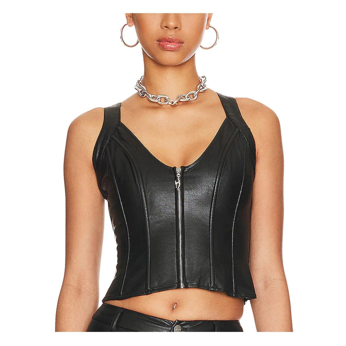 Black Corseted Cisscross Back Women Leather Top