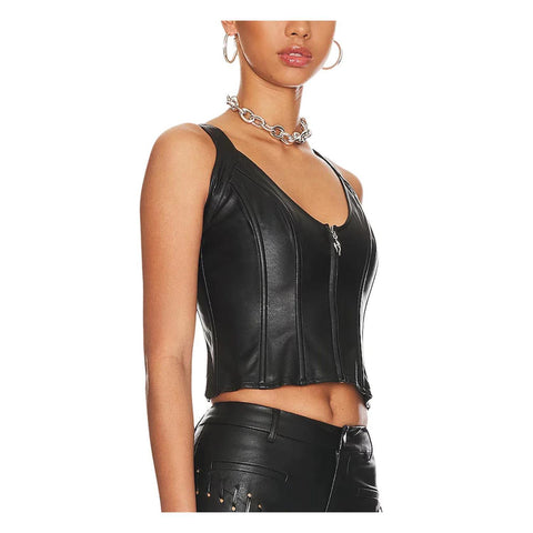 Black Corseted Cisscross Back Women Leather Top