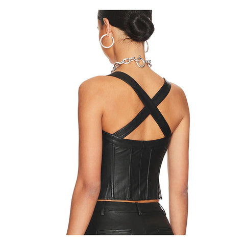 Black Corseted Cisscross Back Women Leather Top