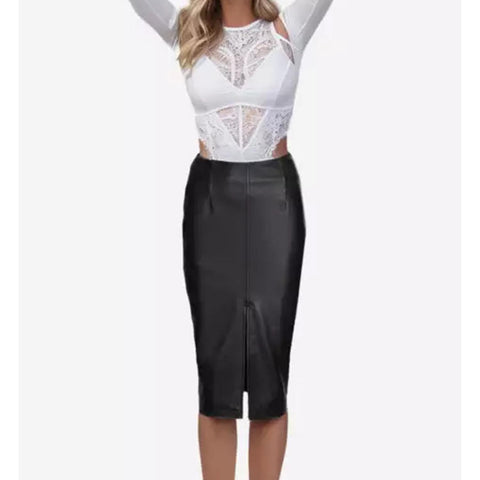 Black High-Waist Real Leather Pencil Skirt for Women