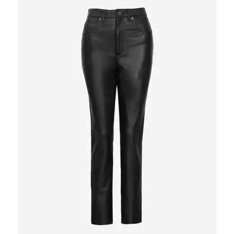 High Waist Straight-Leg Women's Leather Trousers in Black