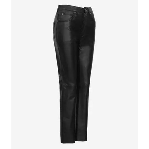 High Waist Straight-Leg Women's Leather Trousers in Black