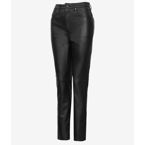 High Waist Straight-Leg Women's Leather Trousers in Black