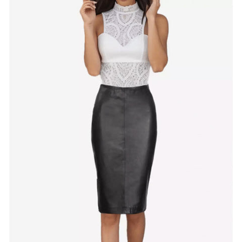 Black Midi Leather Skirt for Women with Polyester Lining