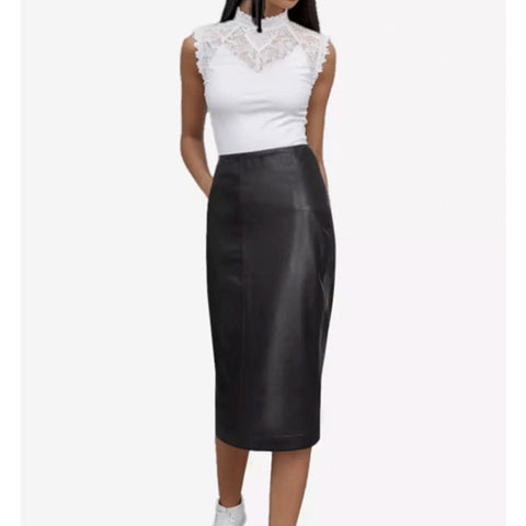 Black Midi Leather Skirt for Women with Polyester Lining