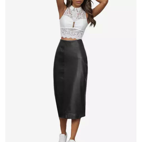 Black Midi Leather Skirt for Women with Polyester Lining