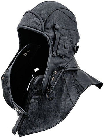 Leather Aviator Cap Hood With Collar and Face Mask