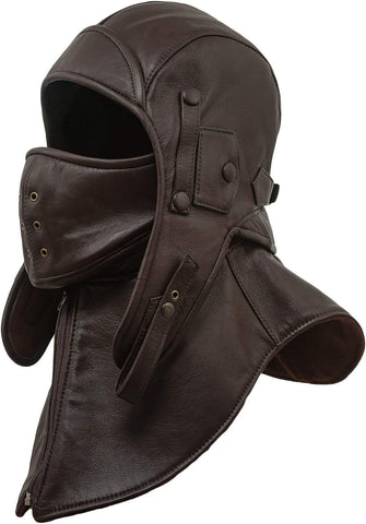 Leather Aviator Cap Hood With Collar and Face Mask