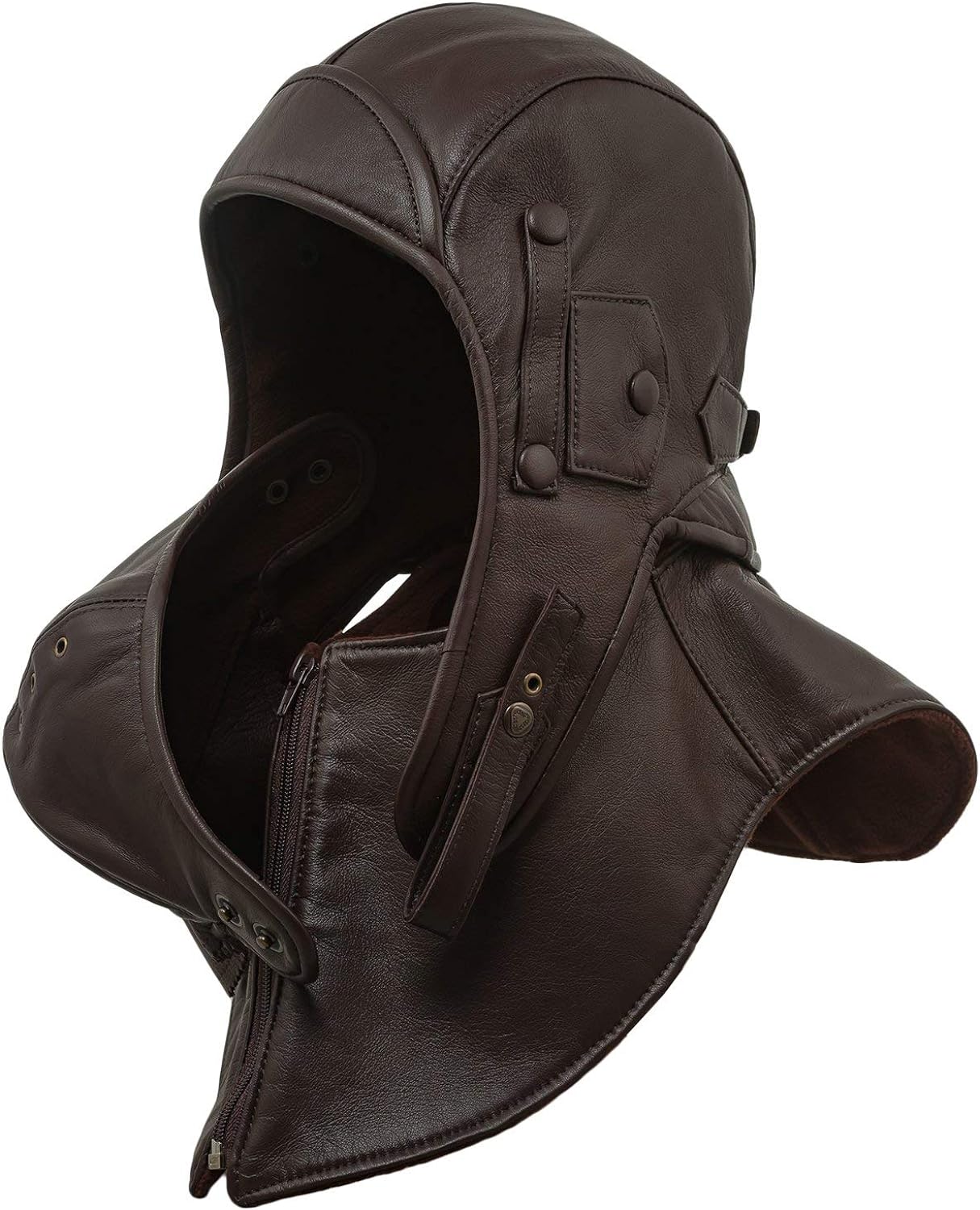 Leather Aviator Cap Hood With Collar and Face Mask