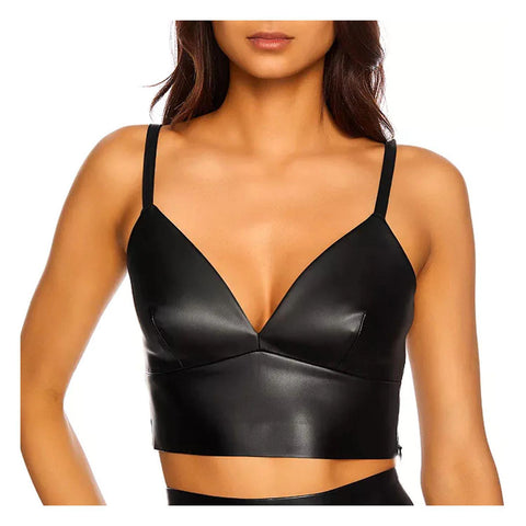 Classy Black Deep V Neckline Women Leather Top