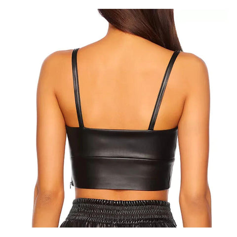 Classy Black Deep V Neckline Women Leather Top