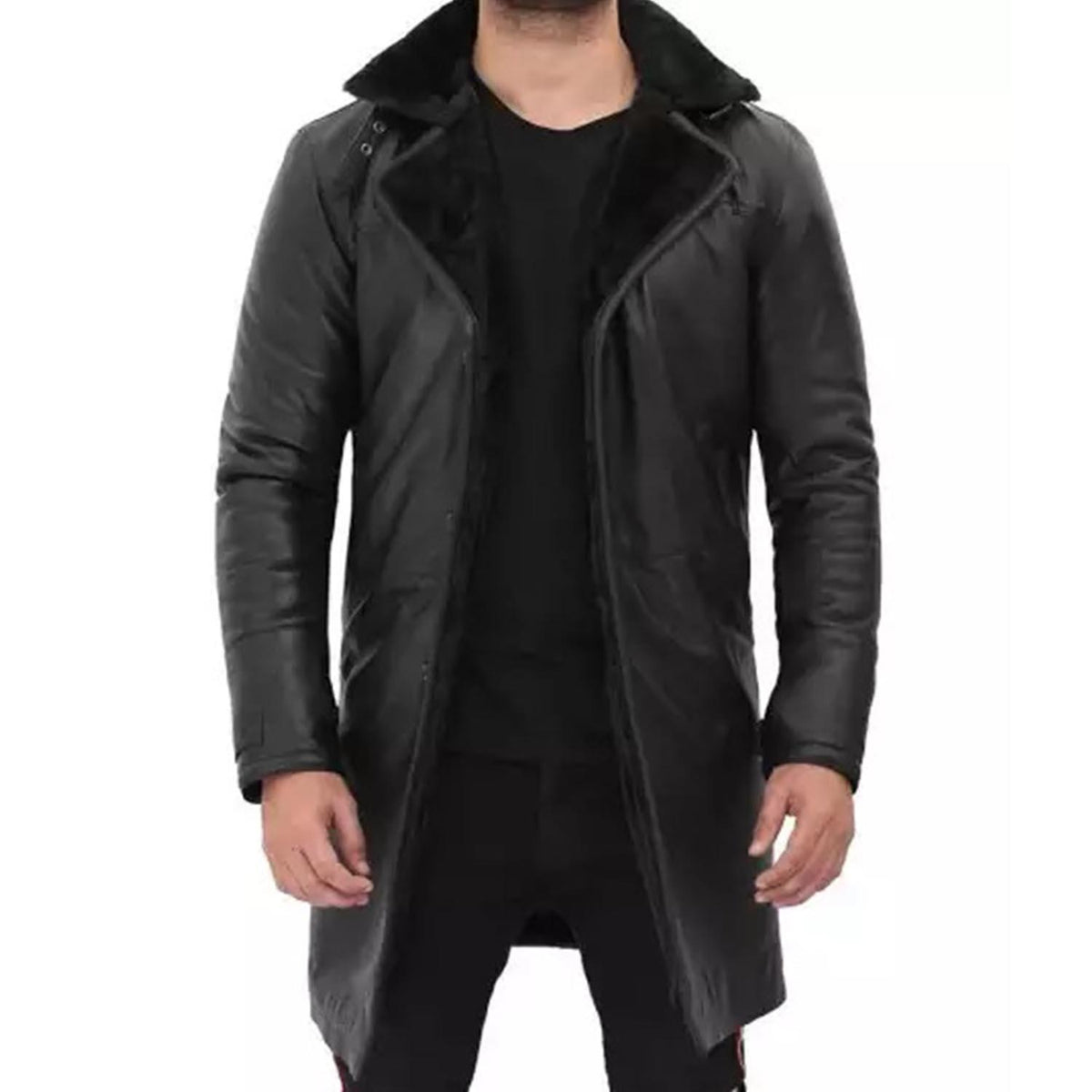 Men's Black Shearling Long Leather Coat - 3/4 Length