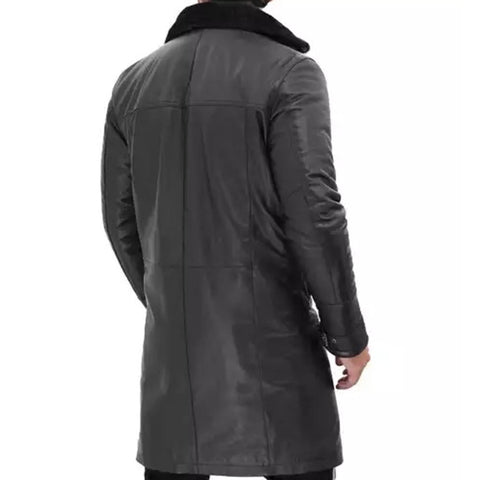 Men's Black Shearling Long Leather Coat - 3/4 Length