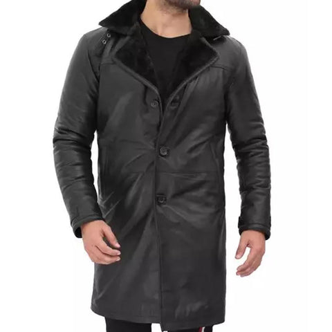 Men's Black Shearling Long Leather Coat - 3/4 Length