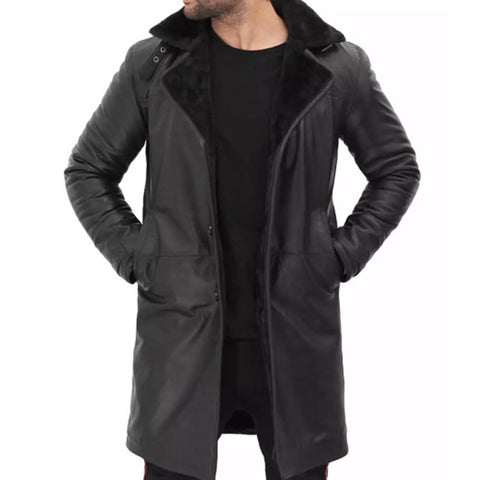 Men's Black Shearling Long Leather Coat - 3/4 Length