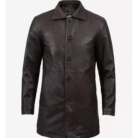 Men's Dark Brown Leather 3/4 Length Coat