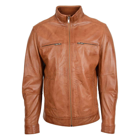 Men's Standing Collar Leather Jacket Tony Tan