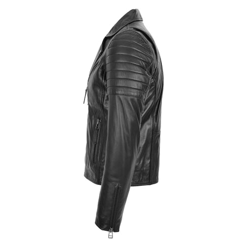 Mens Biker Leather Jacket Dual Zip Hook Black