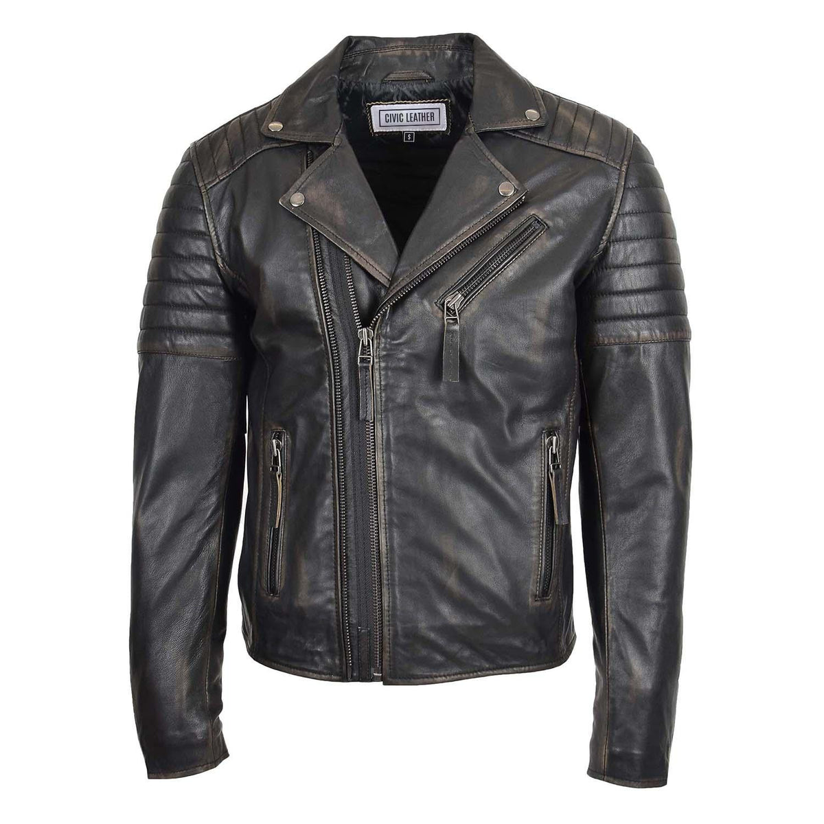 Mens Biker Leather Jacket Dual Zip Hook Rub Off