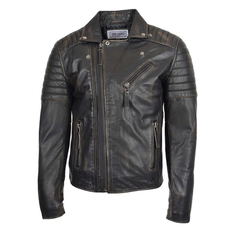 Mens Biker Leather Jacket Dual Zip Hook Rub Off