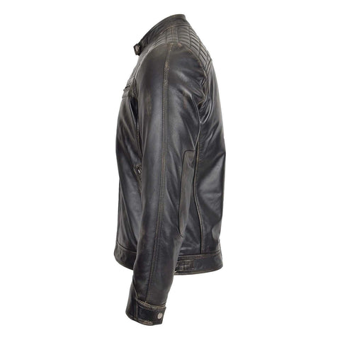 Mens Biker Leather Jacket Standing Collar Bowie Rub Off