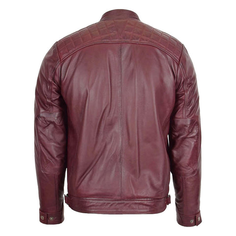 Mens Biker Leather Jacket Standing Collar Bowie Burgundy