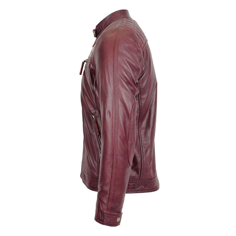 Mens Biker Leather Jacket Standing Collar Bowie Burgundy