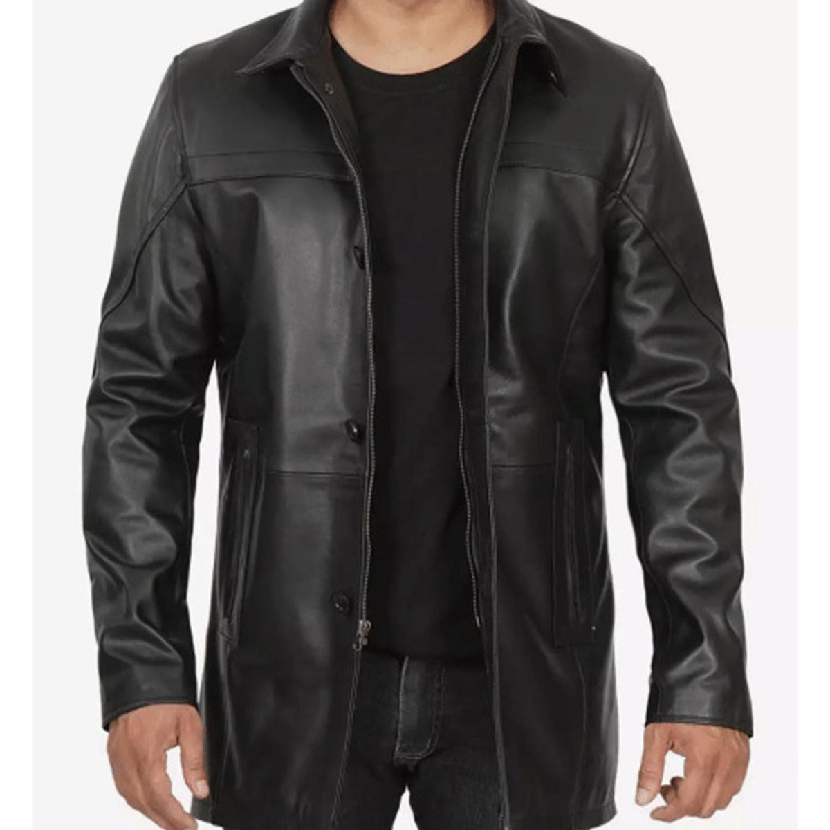 Mens Black Leather Car Coat - 3/4 Length Coat