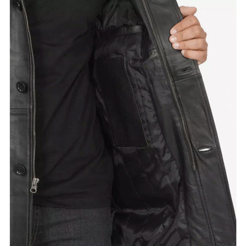 Mens Black Leather Car Coat - 3/4 Length Coat