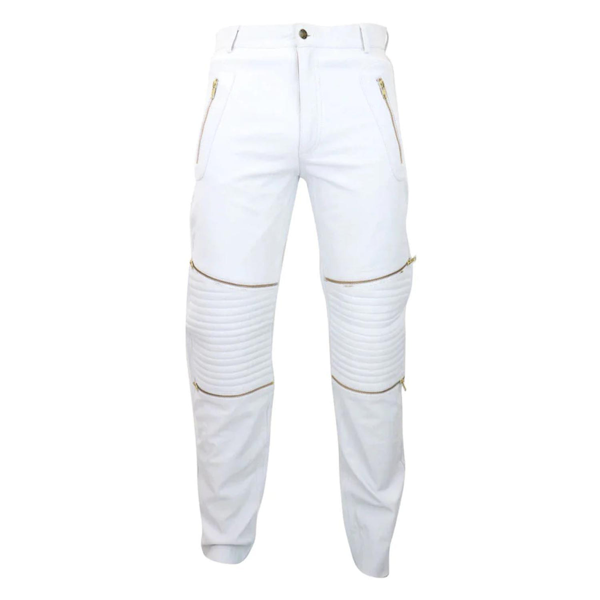 Men's White Leather Trouser Jeans Gold Zips Classic Goth Punk