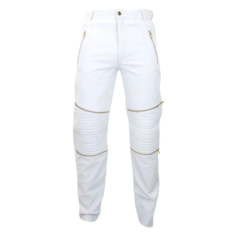 Men's White Leather Trouser Jeans Gold Zips Classic Goth Punk