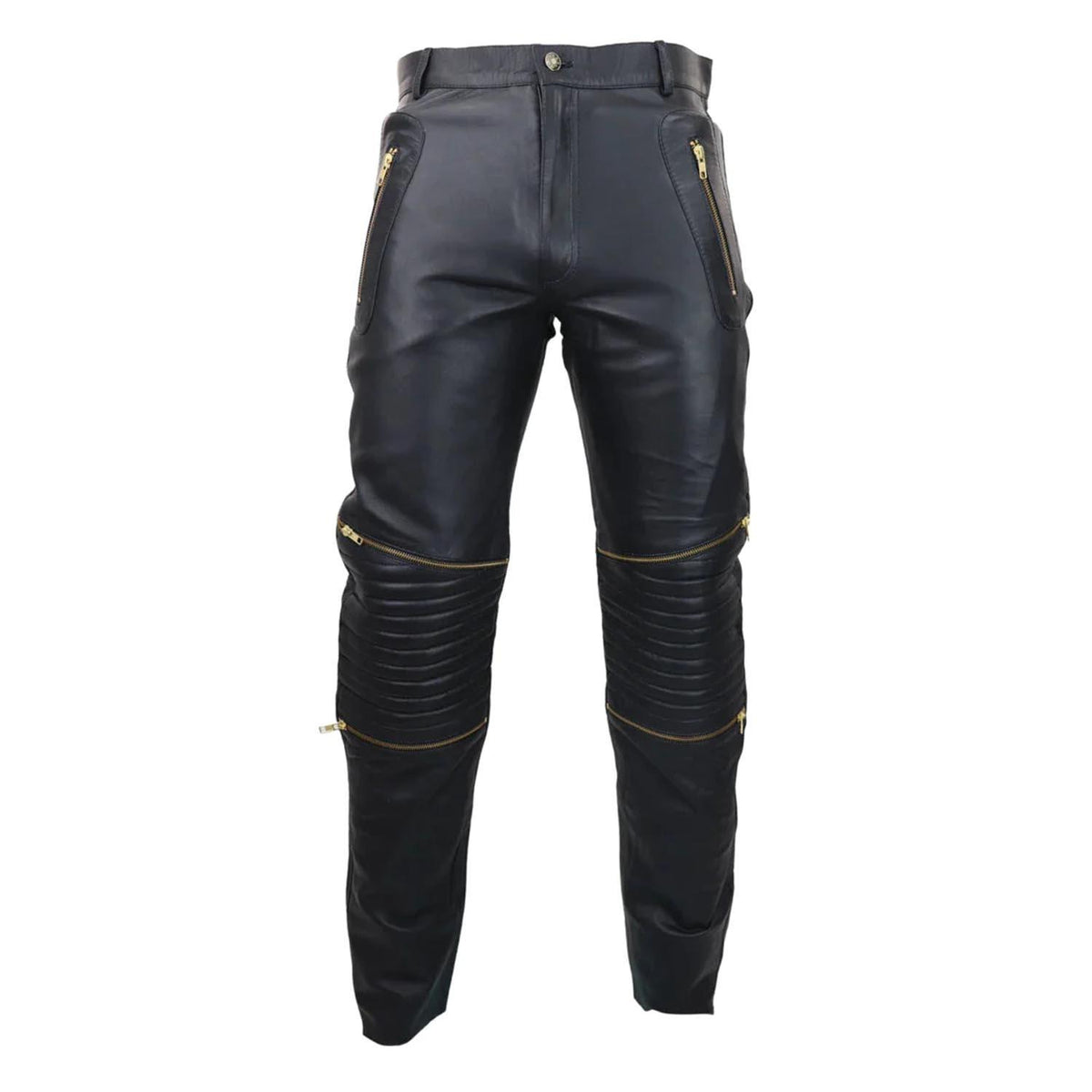 Men's Black Leather Trouser Jeans Gold Zips Classic Goth Punk