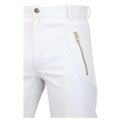 Men's White Leather Trouser Jeans Gold Zips Classic Goth Punk