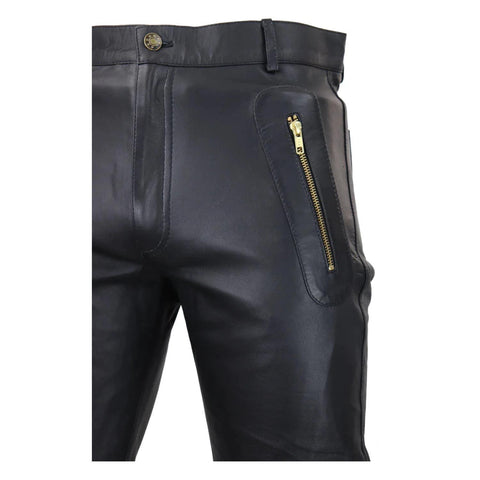 Men's Black Leather Trouser Jeans Gold Zips Classic Goth Punk