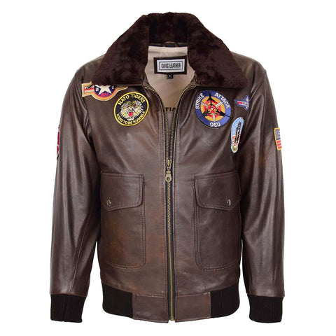 Mens Bomber Leather Jacket Air Force Style Lester Brown