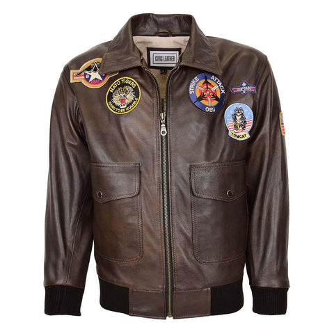 Mens Bomber Leather Jacket Air Force Style Lester Brown