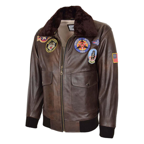 Mens Bomber Leather Jacket Air Force Style Lester Brown