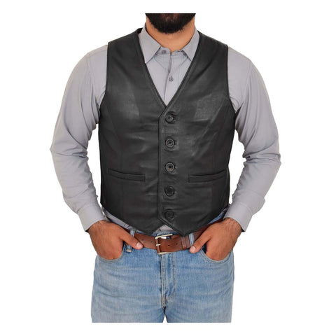 Mens Button Fastening Leather Waistcoat Nick Black